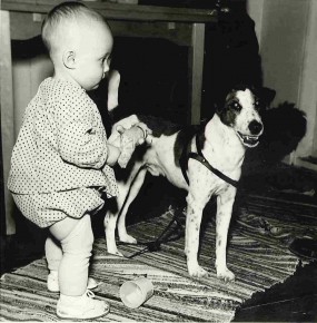 Blixt var en otroligt snäll hund. Här står jag på egna ben men jag hade använt honom som "gåstöd" innan jag kunde gå. 